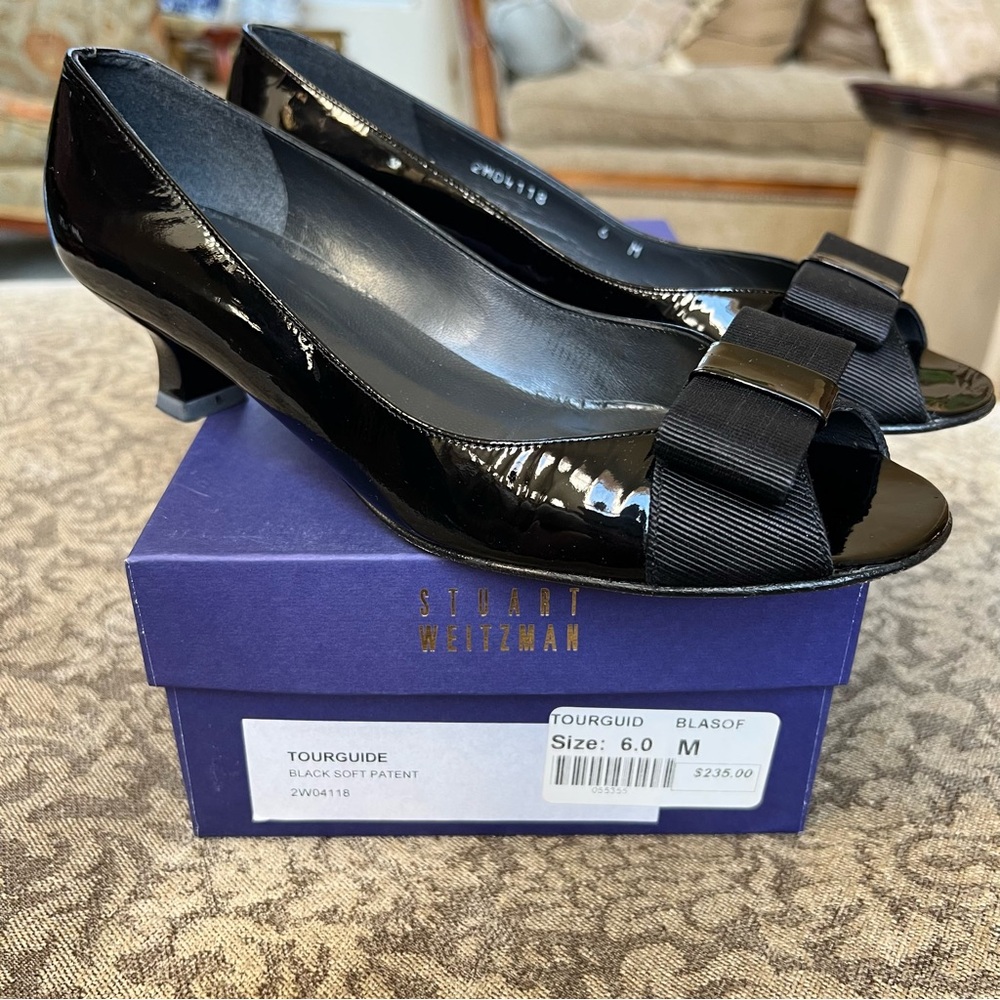 Stuart Weitzman Black Patent Peep-Toe Heels with Bow